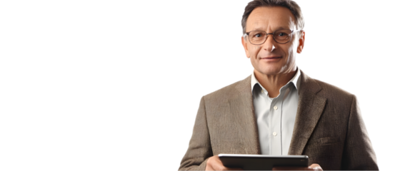 Seasoned professional holding a digital tablet, exuding experience and confidence, isolated on plain white background, Transparent PNG