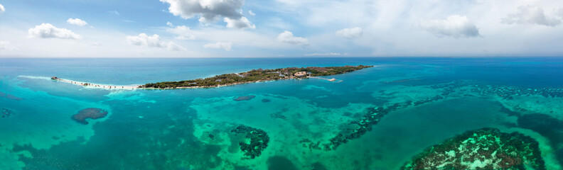 Tropical paradise white sand beach and relaxation zone on the island Cartagena Colombia aerial panoramic view