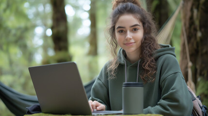 Remote Work in a Forest with Laptop and Hammock