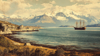 Obraz premium Vintage travel poster of the Strait of Magellan, Chile, showcasing rugged coastlines, calm waters, and distant ships