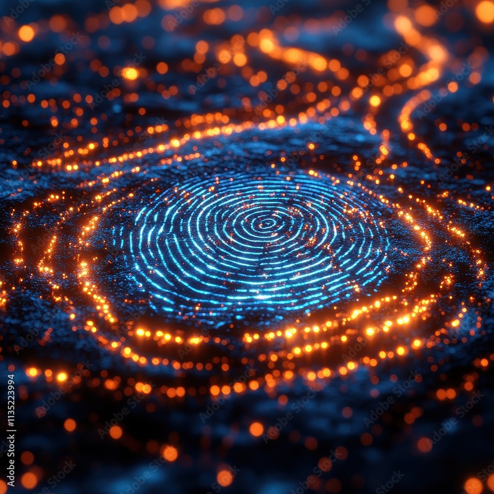 Poster digital fingerprint scan biometric security technology with glowing circuitry.