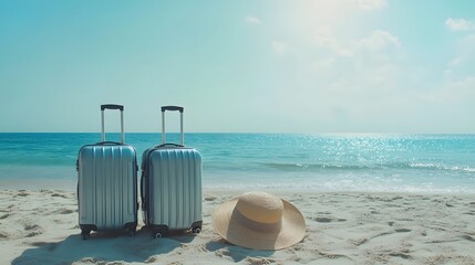 Suitcases and Hat Resting on a Sandy Beach