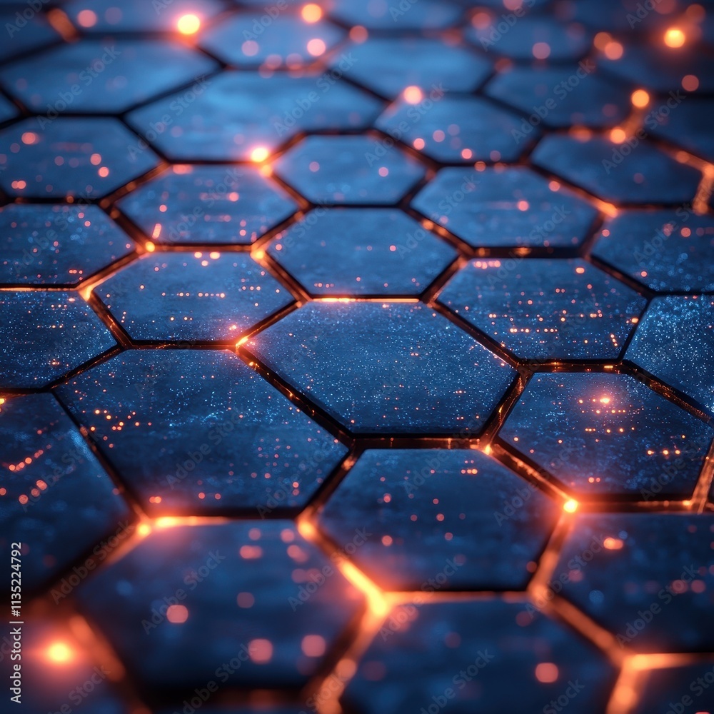 Poster abstract hexagonal technology pattern with glowing orange edges and sparkles, futuristic background.
