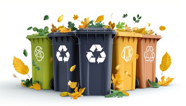 Colorful recycling bins for paper, plastic, glass, and organic waste on a white background