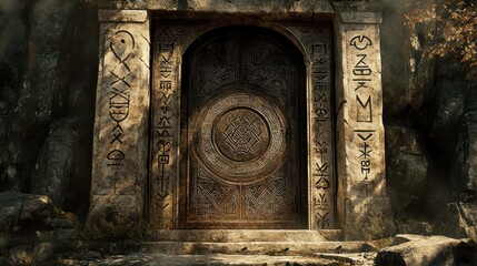 Ancient Stone Doorway With Intricate Carvings And Runes