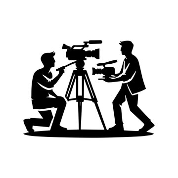 recommend clip art: Cameraman silhouette with video camera in studio isolated on background. Vector illustration.