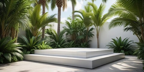 Fototapeta premium Stylish white presentation platform adorned with tropical palm foliage, palm foliage, merchandise