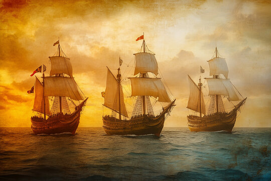 Classic oil painting style of Columbus setting sail with ships, 1492 theme, warm vintage tones, historical and adventurous feel