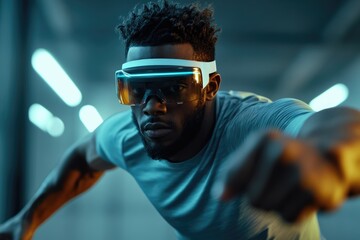 A young Black man wearing a futuristic VR headset engages in a virtual reality experience.