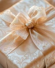 Close-up of a beautifully wrapped anniversary gift with elegant ribbon, soft lighting, romantic and inviting 
