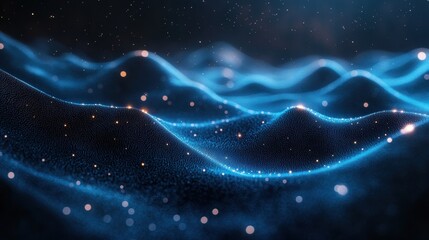 Fototapeta premium Abstract Blue Wavy Particle Network with Bokeh Lights and Starry Background.