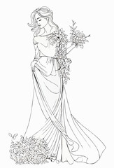 bride with flowers ink sketch