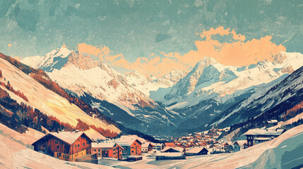 Artistic retro poster of Sölden, Austria, evoking alpine beauty with its majestic mountains and vibrant ski resorts