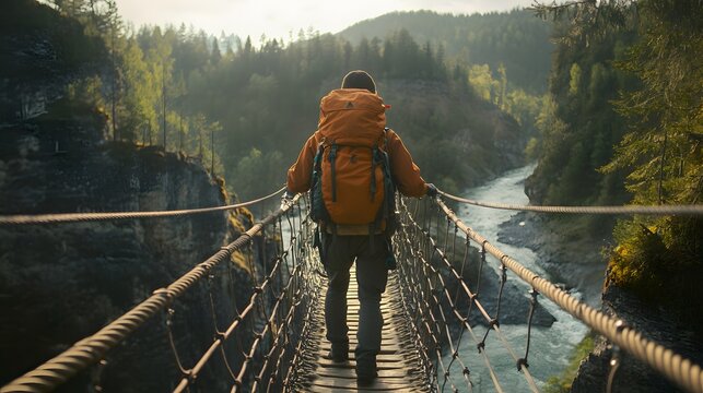 Backpacker Crossing A Rope Bridge Over A Mountain River