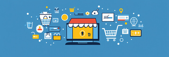 Illustration of an e-commerce concept, showing a digital storefront with shopping carts, products, and payment icons. 