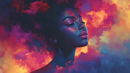 A serene woman with closed eyes is immersed in a vivid, surreal cloudscape of vibrant pink, orange, and blue hues. This dreamy, artistic portrait captures a calm and ethereal mood, ideal for creative