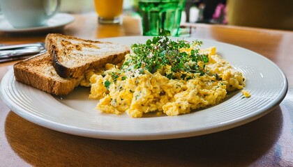스크램블 에그와 토스트가 담긴 접시, 그리고 신선한 허브 장식