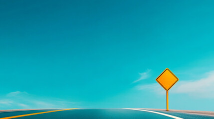 Open road with yellow sign against clear blue sky, symbolizing journey and freedom, perfect for travel concept.