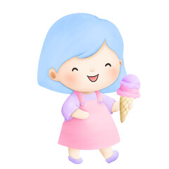 Watercolor illustration of little girl eating ice cream 
