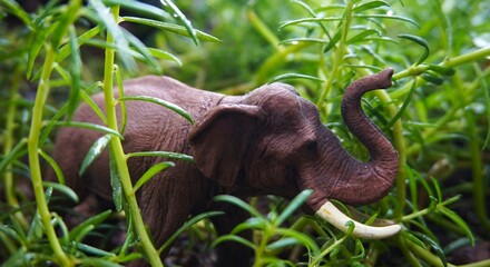 elephant in the bush, close up photo of cute elephant toy is in the grass and green plants, looks real