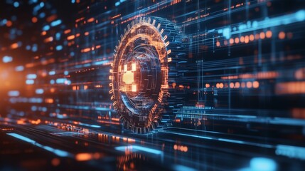 A high-tech, futuristic digital interface featuring glowing circular patterns and dynamic data streams in blue and orange. Perfect for themes related to technology, artificial intelligence, or