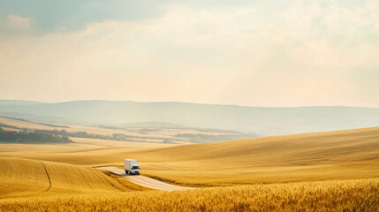 Obraz premium Rural landscape with truck driving through golden fields under a cloudy sky during the late afternoon