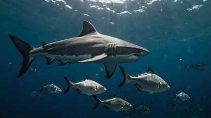 Obraz premium Majestic shark swims through clear ocean waters alongside schools of fish in vibrant marine environment