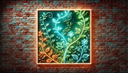 Neon Plants on Brick Wall, Glowing Floral Graphic Frame