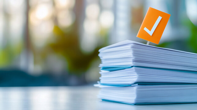 Stack of documents with a checkmark flag, reflecting organization and efficiency in the workplace.
