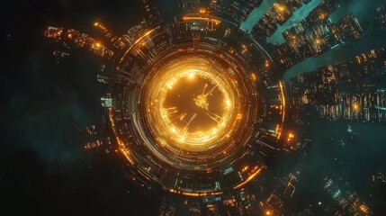 A glowing golden portal opens in the center of a futuristic city, with intricate architectural structures surrounding it. The portal radiates light, creating a powerful visual contrast against the