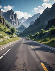 Naklejka premium Deserted asphalt road stretches into the distance against a backdrop of rugged mountain peaks and lush greenery, desert, natural beauty