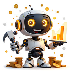 Cheerful robot holding financial growth chart surrounded by coins and dollar signs, 3d rendering of character design concept.