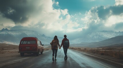 Couple on an adventurous road trip, holding hands, walking towards the majestic mountains under a dramatic sky.
