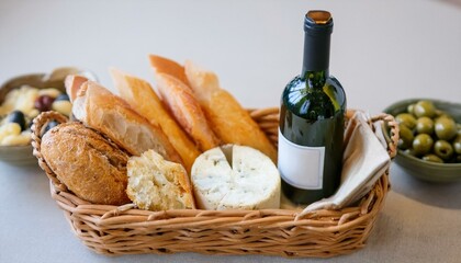 바구니 안에 다양한 종류의 빵, 치즈, 올리브와 함께 놓인 작은 와인 병