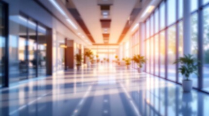Blurry Office Hallway, Modern Interior with Plants and Sunlight