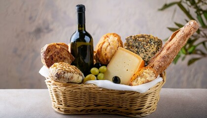 바구니 안에 다양한 종류의 빵, 치즈, 올리브와 함께 놓인 작은 와인 병