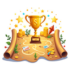 Naklejka premium A vibrant treasure map illustration featuring a trophy, coins, and stars for success themes, digital illustration of concept art concept.