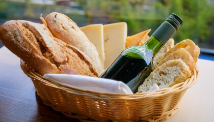 바구니 안에 다양한 종류의 빵, 치즈, 올리브와 함께 놓인 작은 와인 병