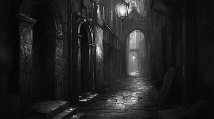 A dark alley in a forgotten city, where the echoes of past tragedies haunt the empty streets.