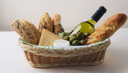 바구니 안에 다양한 종류의 빵, 치즈, 올리브와 함께 놓인 작은 와인 병