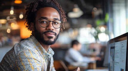 Fototapeta premium Young African American Man Using Computer For Online Webinar Course.
