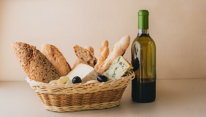 Naklejka premium 바구니 안에 다양한 종류의 빵, 치즈, 올리브와 함께 놓인 작은 와인 병