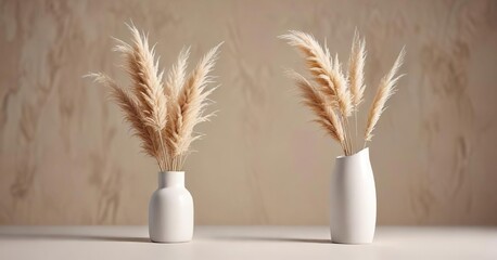 Naklejka premium Dry pampas grass and white deodorant stick on neutral background, bathroom essentials, aromatherapy, warm tones