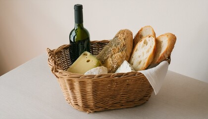 바구니 안에 다양한 종류의 빵, 치즈, 올리브와 함께 놓인 작은 와인 병