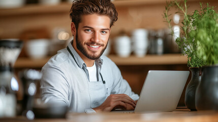 Obraz premium My secret to success Good coffee. Cropped portrait of a handsome young businessman working on his laptop while sitting in the kitchen at home.