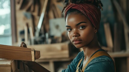 Close Up Portrait of an Attractive Young Artisan Carpenter Using Hand Plane to Shape a Wood Bar. Multiethnic Female Working on a Project in a Loft Studio with Tools on Walls.