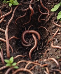 Earthworms tunneling through a compost pile on white, leaves, decomposition, soil