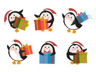 Christmas set cute penguins in Santa hat with presents. Kawaii animal characters 