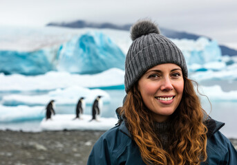 Penguin encounter in a glacier landscape with a woman in winter attire