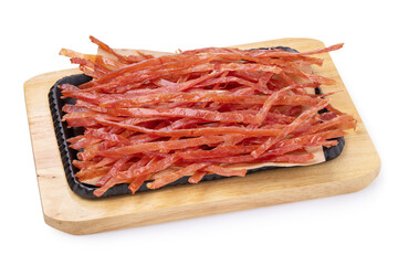 Smoked meat chips or pork straws on tray isolated on white background